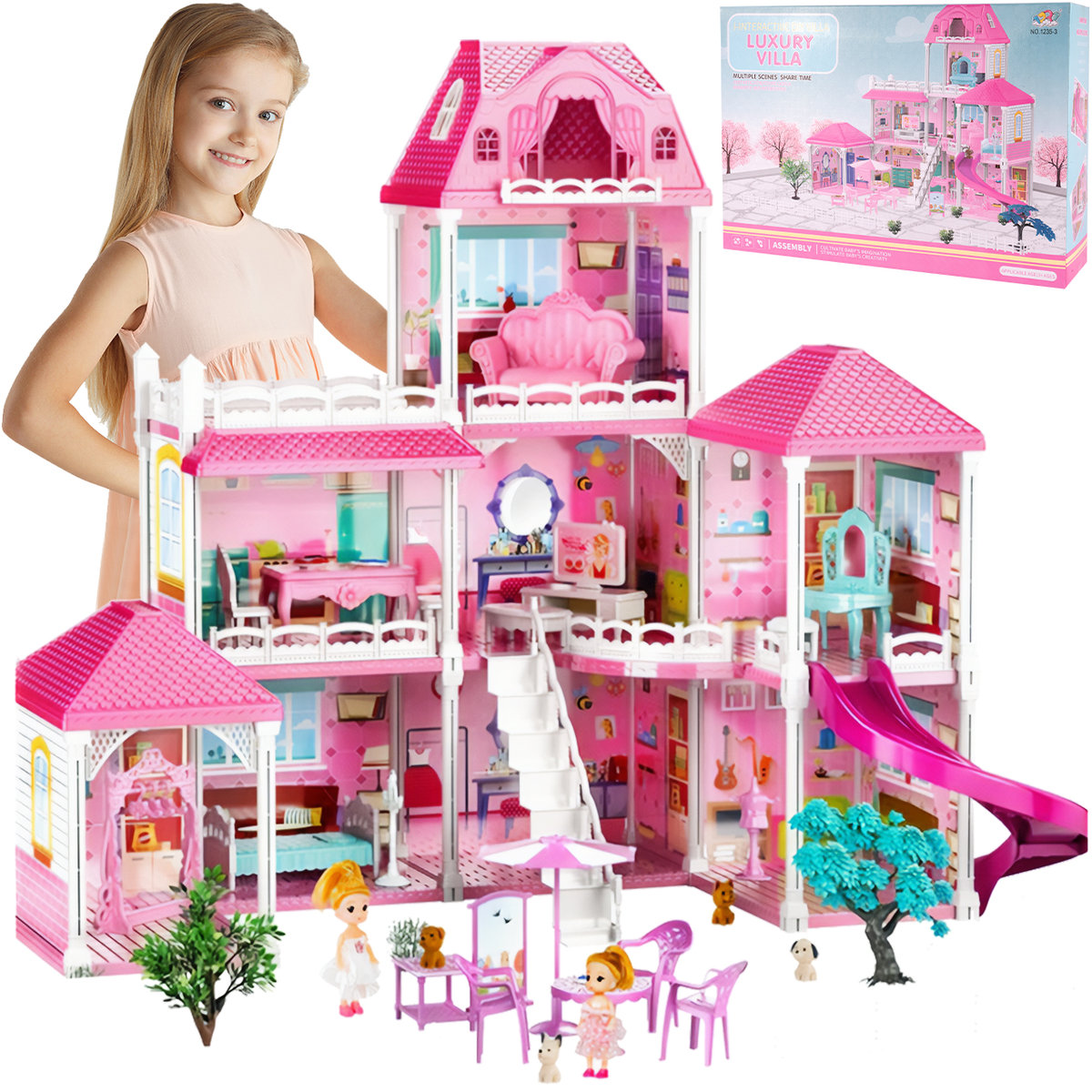 MalPlay Duży Domek Dla Lalek Villa Rozkładany z Mebelkami, Laleczkami i Pieskami XXL