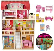 DUŻY DREWNIANY DOMEK DLA LALEK BARBIE z Oświetleniem LED Meblami 90cm XXL