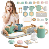 Duży, drewniany zestaw do herbaty z tacą - 18 elementów