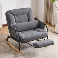 Duży fotel bujany typu glider, ogrodowy fotel bujany z podnóżkiem, tapicerowane poduszki, regulowane oparcie, metalowo-drewniana konstrukcja w stylu rustykalnym, do użytku wewnętrznego i zewnętrznego – salon, sypialnia, balkon, weranda, welur sznurkowy, szary
