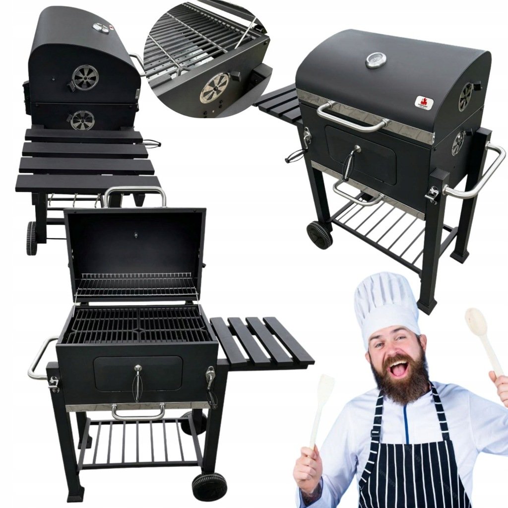 DUŻY GRILL WĘGLOWY ŻELIWNY OGRODOWY RUSZT NA KÓŁKACH Z PÓŁKAMI Z POKRYWĄ