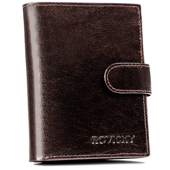 Duży pionowy portfel męski na zatrzask ze skóry naturalnej portfel na karty i dokumenty z ochroną RFID Rovicky, brązowy - Rovicky