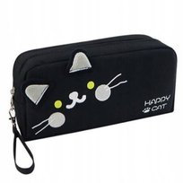 Duży Piórnik Wielofunkcyjny Dwukomorowy Czarny Happy Cat Pr12