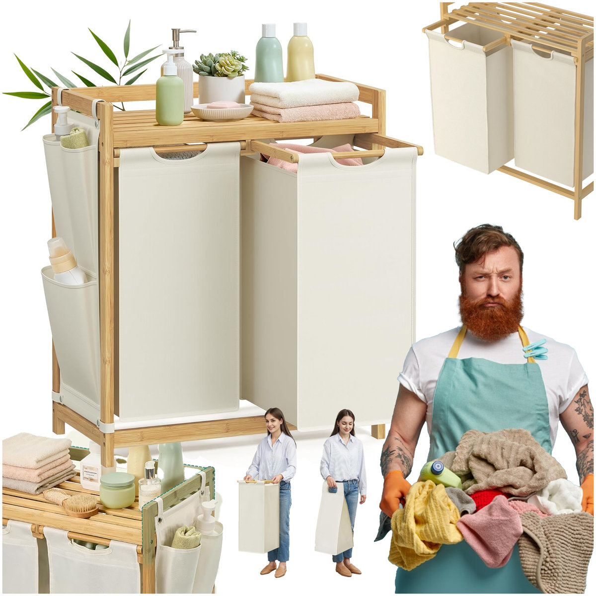 Songmics Duży Podwójny Kosz Łazienkowy Na Brudy Pranie Z Półką I Przegrodami 100L