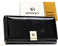 Duży portfel damski ROVICKY skórzany elegancki lakierowany na zatrzask ochrona RFID STOP czarny
