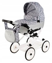 Duży wózek dla lalek z torebką i koszykiem Viki Vi-08 SREBRNY Z PTASZKAMI