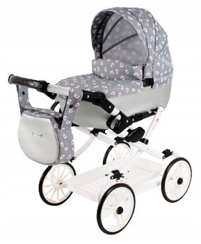 Duży wózek dla lalek z torebką i koszykiem Viki Vi-08 SREBRNY Z PTASZKAMI - Adbor