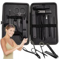 Duży ZESTAW do MANICURE PRZYBORNIK do PAZNOKCI 16w1 czarny ETUI na prezent