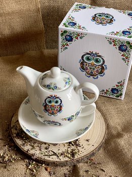 Dzbanek do herbaty porcelanowy z filiżanką i spodkiem DUO ETNO SOWA 350 ml  - Duo