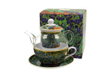Dzbanek do herbaty, szklany z filiżanką,  spodkiem i zaparzaczem DUO Irises Vincent Van Gogh 330 ml  - Duo