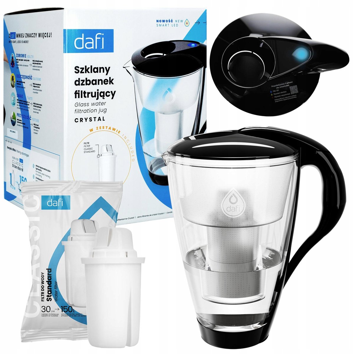 Dzbanek filtrujący szklany Dafi Crystal LED 2l + 1x filtr wkład węglowy