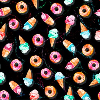 Dzianina bawełniana Jersey druk cyfrowy - słodycze i lody kolorowe na czarnym tle - ANTEX