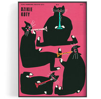DZIKIE KOTY, plakat muzyczny z kotami, grafika, obrazek do domu na ścianę do pokoju dla dzieci do biura do ramki, retro, vintage, koty, muzyka, trąbka, pompka, B2 50x70 cm