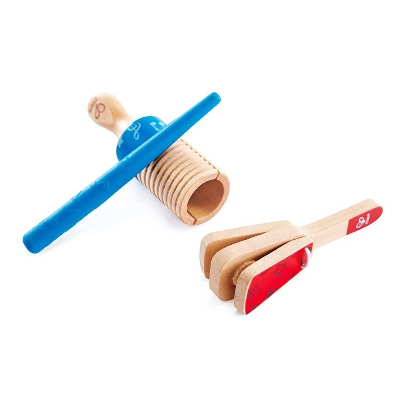 E0605A Hape, zabawka edukacyjna Duet guiro i klekotka