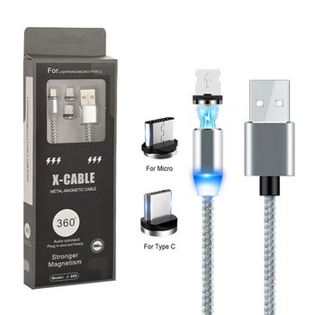 ECOBOX KABEL USB 3w1 MAGNETYCZNY 360 SREBRNY IPHONE MICRO TYP-C - ECOBOX