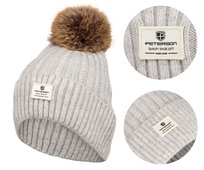 Elegancka czapka z pomponem szara PETERSON damska na zimę i jesień