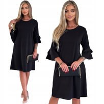 Elegancka Czarna Sukienka Falbanki Midi 3/4 Rękaw Wizytowa Rozmiar 44