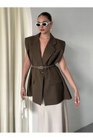 ELEGANCKA KAMIZELKA DAMSKA BRĄZOWA Z PASKIEM BEZ KAPTURA S 5GA* Inna marka