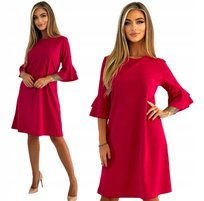 Elegancka Różowa Sukienka z Falbanką na Rękawie Rozmiar 38