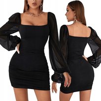 Elegancka Sukienka Wieczorowa Modna Mini Długi Rękaw Dekolt Czarna M 38