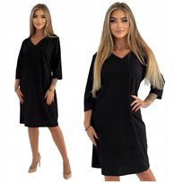 Elegancka Trapezowa Czarna Sukienka z Dekoltem w Serek Rozmiar 46