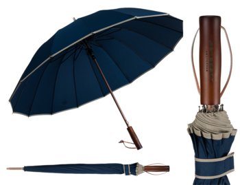 Elegancki granatowy parasol rządowy unisex PETERSON duża czasza pudełko prezentowe drewniana rączka stalowy trzon solidny - Peterson