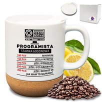 Elegancki kubek z nadrukiem + wieczko stawka godzinowa programisty zabawny