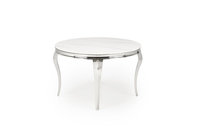Elegancki okrągły stół REGINALD z białym marmurowym blatem i srebrnymi nogami