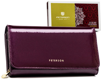 Elegancki portfel damski na karty z lakierowanej skóry naturalnej Peterson, ciemnofioletowy - Peterson