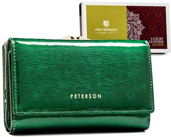 Elegancki portfel damski z lakierowanej skóry naturalnej ochrona RFID Peterson, ciemnozielony - Peterson