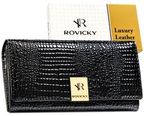 Elegancki skórzany portfel damski ROVICKY rozbudowany na zatrzask duży lakierowany ochrona RFID STOP czarny