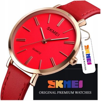 Elegancki Zegarek Damski Skmei Na Pasku Skórzanym Wskazówkowy Czerwony - SKMEI