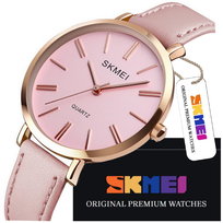 Elegancki Zegarek Damski Skmei Na Pasku Skórzanym Wskazówkowy Różowy Złoty