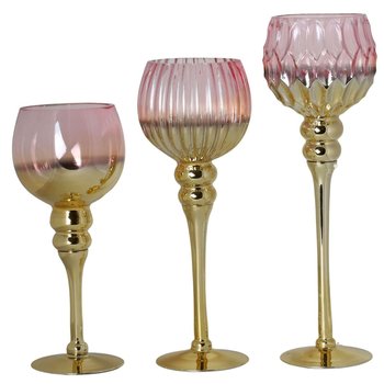 Elegancki zestaw szklanych świeczników - różowo - złote kielichy Koppo 30-40 cm - Duwen