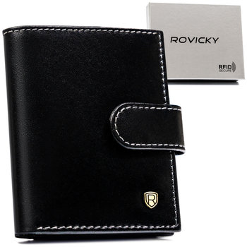 Eleganckie męskie etui na karty ze skóry naturalnej ROVICKY czarne pionowe na zatrzask kieszeń na banknoty pudełko na prezent ochrona RFID STOP - Rovicky