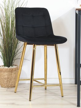 Eleganckie niskie krzesło barowe PROXI I pikowane z czarnego weluru na złotych nogach - AROPOS MEBLE