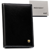 Eleganckie skórzane męskie etui na karty i dokumenty ROVICKY klasyczne czarne poziome bez zapięcia pudełko na prezent ochrona RFID STOP