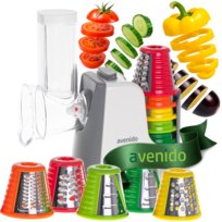 Elektryczna szatkownica do warzyw Avenido AV4817 - moc 150W, 5 wymiennych nasadek, bezpieczna, wielofunkcyjna tarka 5w1, stabilna konstrukcja