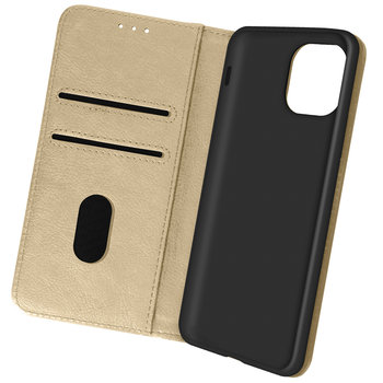 Etui do iPhone 13 Mini z klapką, funkcją portfela i stojakiem na wideo - złote - Avizar
