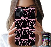 ETUI DO IPHONE 15 - CZARNO RÓŻOWE WSTĄŻKI KOKARDKI WSTĄŻKA Apple