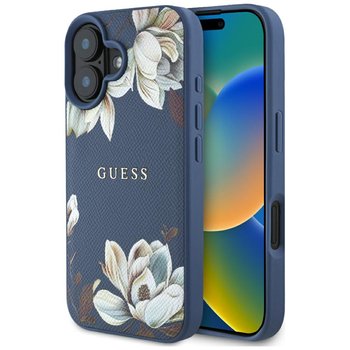 Etui Guess Grained Printed Flower Pattern MagSafe do iPhone 16 niebieski - GUESS