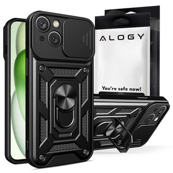 Etui pancerne do iPhone 15 Camshield Case Ring Alogy Stand z osłonką na aparat slide czarne + Szkło - Inny producent