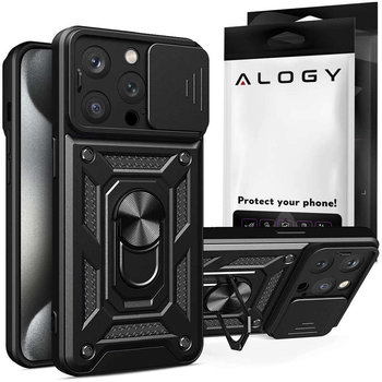 Etui pancerne do iPhone 15 Pro Camshield Case Ring Alogy Stand z osłonką na aparat slide czarne + Szkło - Alogy