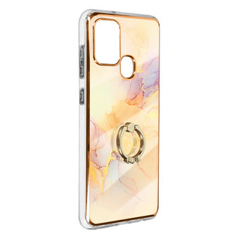 Etui z dwóch materiałów do Samsunga Galaxy A21s z obrączką w kolorze różowego złota i marmuru - Avizar