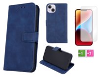 Etui z klapką do APPLE IPHONE 14 PLUS skórzane granatowy obudowa + szkło 9H