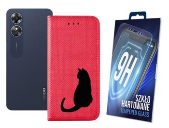 Etui Z Klapką Do Oppo A17 Czerwony I Wzór Czarny Kot + Szkło Hartowane 9H - MARTECH