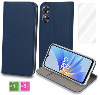 Etui z klapką do OPPO A17 granatowy smart magnetic case + szkło na ekran 9H - MARTECH