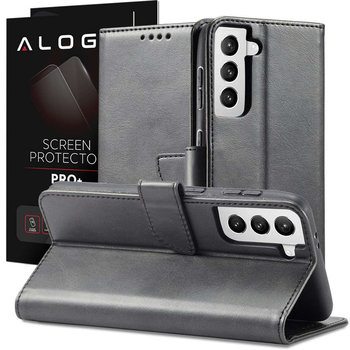 Etui z klapką magnetyczne portfel Alogy skórzane do Samsung Galaxy S22 Plus Czarne + Szkło - Alogy