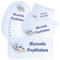 Etykiety naklejki, zestaw naklejek, imienne, imię nazwisko, dla dziecka chłopca, do szkoły przedszkola, na zeszyt, przybory, wodoodporne, HELIKOPTER 40 szt., drukant E-SZK_SAM_S drukant