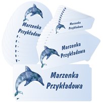 Etykiety naklejki, zestaw naklejek, imienne, imię nazwisko, dla dziecka dziewczynki, do szkoły przedszkola, na zeszyt, przybory, wodoodporne, DELFIN 40 szt., drukant E-SZK_DEL_S drukant
